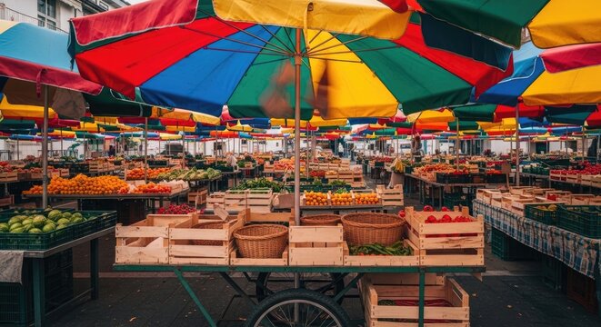 Colorful Market Stalls Display Fresh Produce.