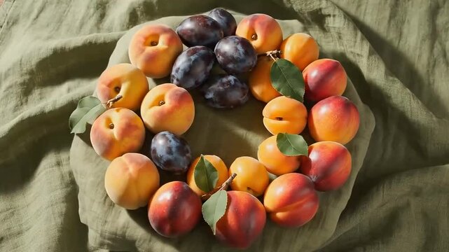 Mixed Stone Fruit Flat Lay Top View Rotating on Sage Green Linen Surface Harvest Season