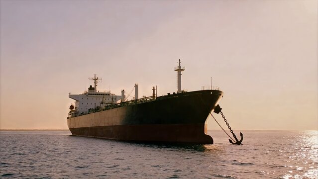 Anchored tanker at open anchorage &mdash; maritime standoff (editorial illustration)
