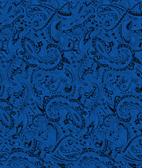 Vibrant blue paisley pattern with intricate black designs