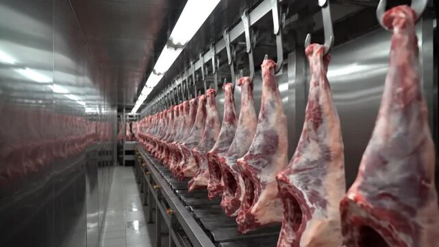 Meat processing plant with rows of raw lamb carcasses on hooks