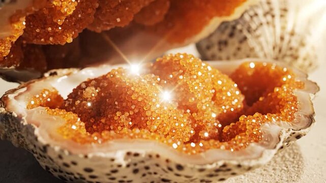 An open seashell geode reveals dazzling sparkling orange crystals on sand.