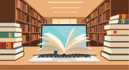 Open book on laptop with stacks of books and bookshelves in background, symbolizing online education, e-learning, and digital library © onepixland