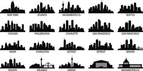 Obraz premium Black City Skyline Silhouettes Collection Featuring Major United States Urban Landmarks New York Chicago Seattle Atlanta Miami Houston Washington DC Vector