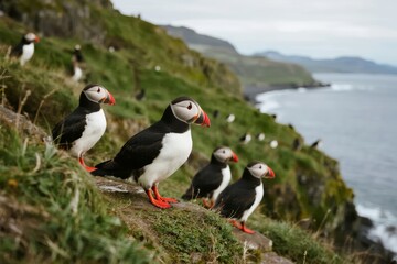 Fototapeta premium Atlantic puffins standing on a grassy cliff overlooking the ocean