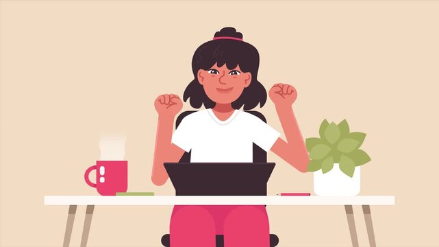 A female freelancer, student, or remote worker character rejoicing in their accomplishments, success, and celebrating triumph. The concept of good news and success