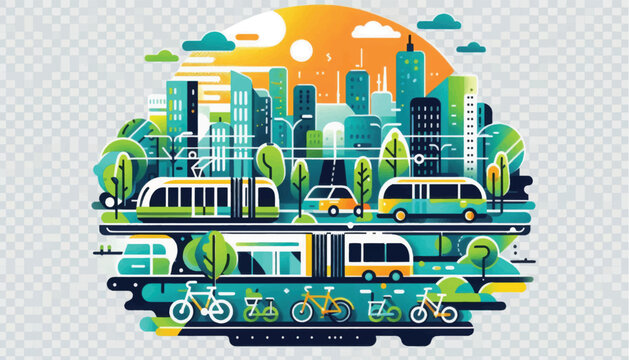 Green City Life: Sustainable Urban Transportation System Illustration. Eco-Friendly Public Transit, Bicycles, and Modern Skyline.
