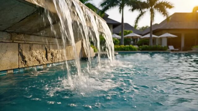 Clear water cascades from a stone wall into a luxurious swimming pool at sunset