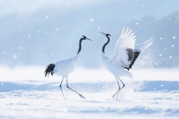 Fototapeta premium Two white cranes dancing in the snow during winter
