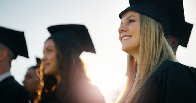 Graduation, happy and group of students with high school goal, achievement or award celebration. Outdoor, scholarship and teenagers with education success for development, growth or study at academy.
