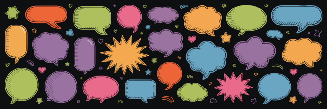 Bubble text frame with crayon speech cloud, comic pencil chat box with chalk grunge texture, pastel pen hand drawn vector illustration isolated on black background.