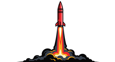A retro style rocket ship launches with a fiery trail of exhaust © LUNEX