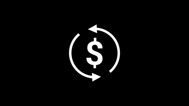 White circular arrow encompassing a dollar sign on a black background