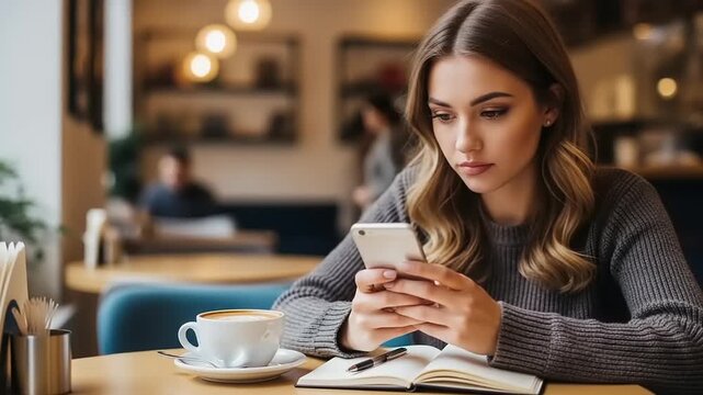 Woman using smartphone in a coffee shop.