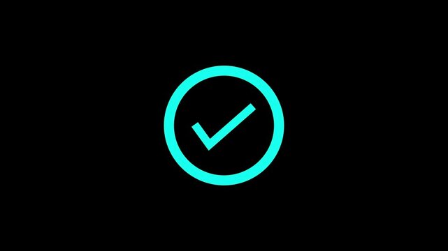 A bright cyan checkmark within a circular frame on a black background