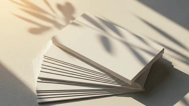 Stack of blank cards casting shadows in warm sunlight