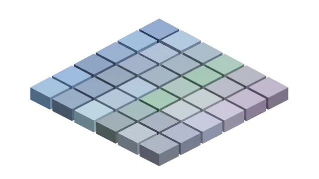 A 3D rendering of a square grid of colored cubes viewed from above at an angle