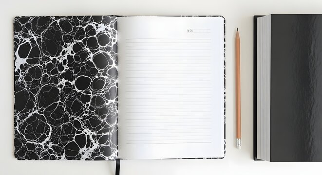 Open black and white marbled notebook with blank lined pages and a pencil for creative writing