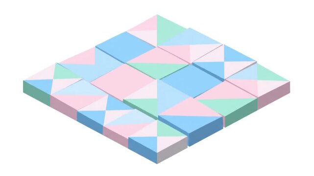 3D geometric pattern of pastel colored tiles arranged in a grid viewed from an isometric angle