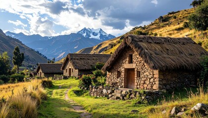 Fototapeta premium Picturesque Andean Village - Stone Houses and Mountain Scenery in Peru.