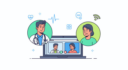 Illustration of people on a video call with a doctor on a laptop with icons, conveying a telemedicine concept in a modern digital style with a clean white background.