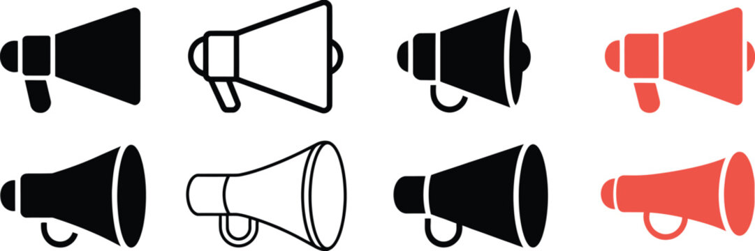 Cheerleader megaphone clipart set, featuring outline and silhouette styles, ideal for sports graphics, cheerleading designs, and school spirit vector illustrations.
