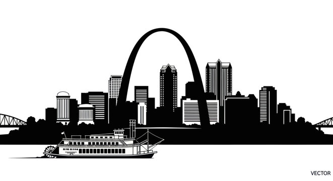 St. Louis Skyline Silhouette with Gateway Arch and Riverboat
