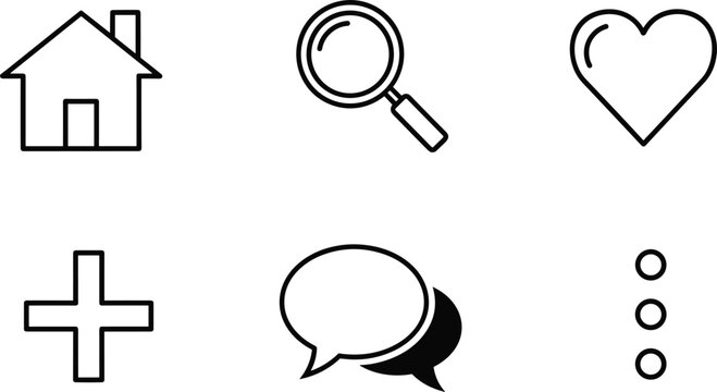 Essential user interface outline icons set including home, search, heart, add, chat bubble, menu symbols for web apps - flat vector illustration