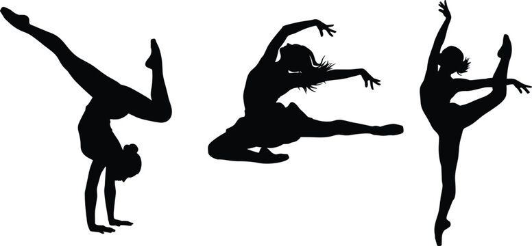 Female dancer silhouettes performing acrobatic ballet and modern dance poses, graceful movement fitness performance art isolated design - flat vector illustration