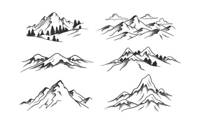Hand drawn mountain landscape illustrations in sketch style. Perfect for outdoor adventure themes, travel design, and nature related projects. © Caitlyn Studio