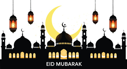 Festive Eid Mubarak vector illustration with mosque silhouette, crescent moon, glowing lanterns, Islamic holiday greeting design, Ramadan celebration decorative artwork © Rahena ARAFAT
