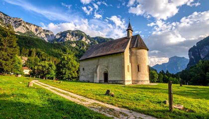 Fototapeta premium Picturesque Chapel of San Silvestro in Val dArcia, Dolomites, Italy.