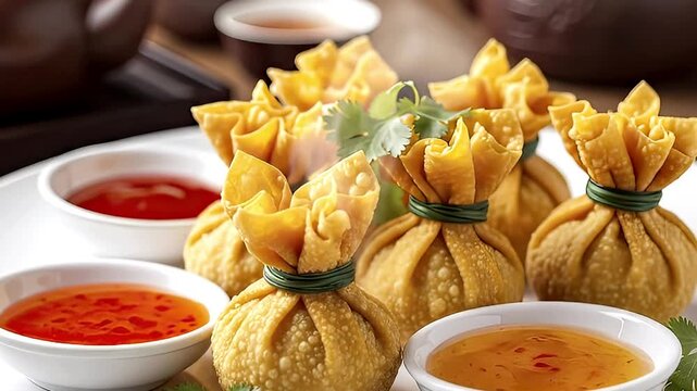 A close-up view highlights perfectly golden-fried savory pouches, meticulously tied and presented on a pristine white plate, accompanied by three vibrant dipping sauces. Wisps of steam gently rise, em