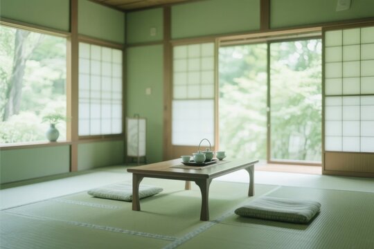 Traditional Japanese room with tatami mats, low wooden table, and shoji screens overlooking greenery