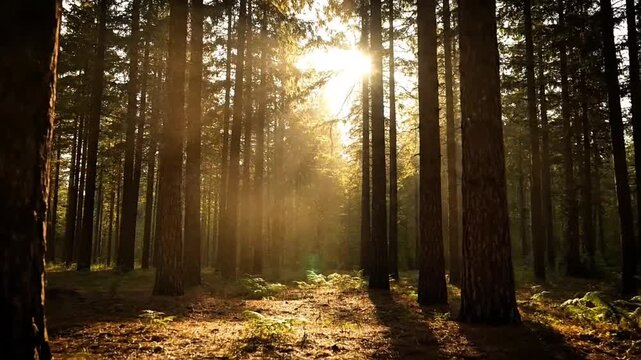 Sunlight filtering through tall trees in a serene forest, creating a warm and peaceful atmosphere with dappled shadows on the forest floor