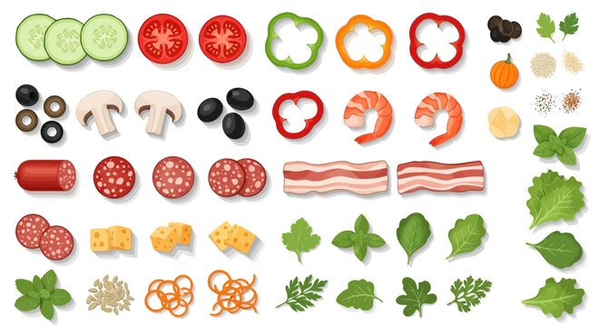 Pizza toppings ingredient set with vegetables cheese olives bacon and sausage