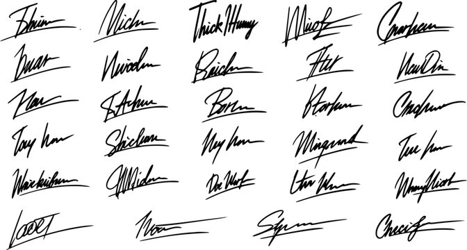 Collection of 35 Unique Handwritten Signatures. Vector Set of Professional Black Ink Autographs for Business, Legal Documents, and Identity.