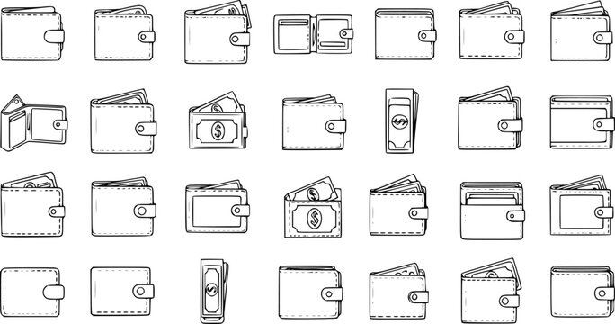 Diverse Collection of Hand-Drawn Wallets and Money Icons