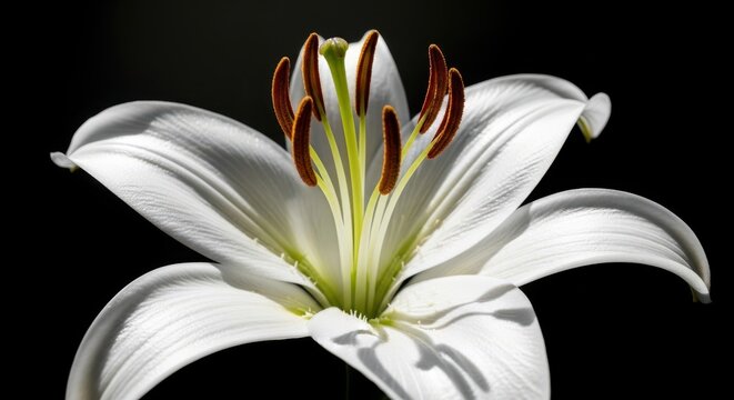 Close up of white lily flower with brown anthers on black background