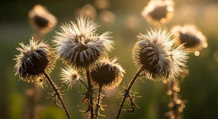 Obraz premium Rustic Aesthetic Dandelion Flowers in Golden Light, Nature Scene from Close Up