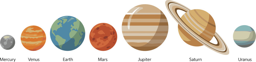 Solar System Planets Flat Vector Set - Educational Illustration of Mercury, Venus, Earth, Mars, Jupiter, Saturn, and Uranus © Kamal