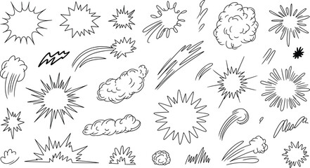 Comic Book Action Element Set - Hand Drawn Doodle Explosion, Speed Line, and Smoke Cloud Vector Illustrations © Kamal