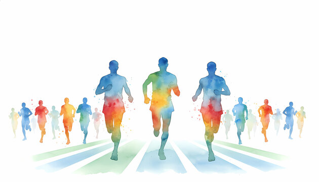 Diverse marathon and walkathon runners, group on running track, watercolor athletes silhouette background.