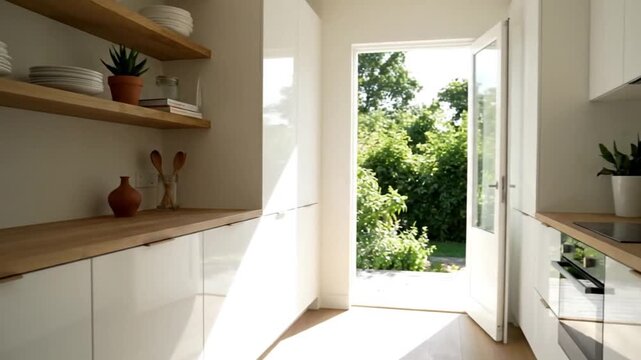 Modern kitchen interior with wooden shelves and white cabinets
