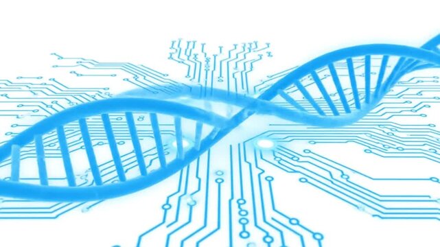 Blue DNA double helix on circuit board background for genetic engineering concepts