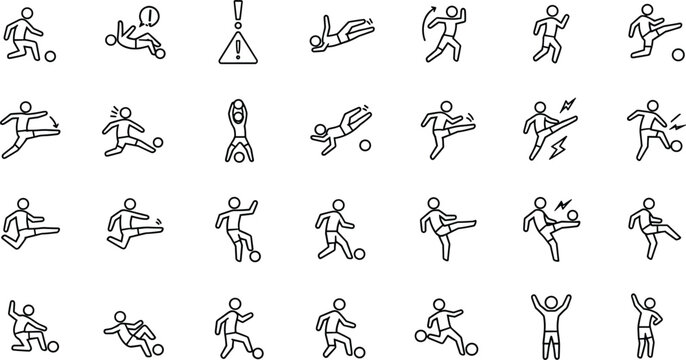 soccer player action icons set football sport movement pictogram kicking running dribbling goalkeeper warning injury outline vector illustration collection