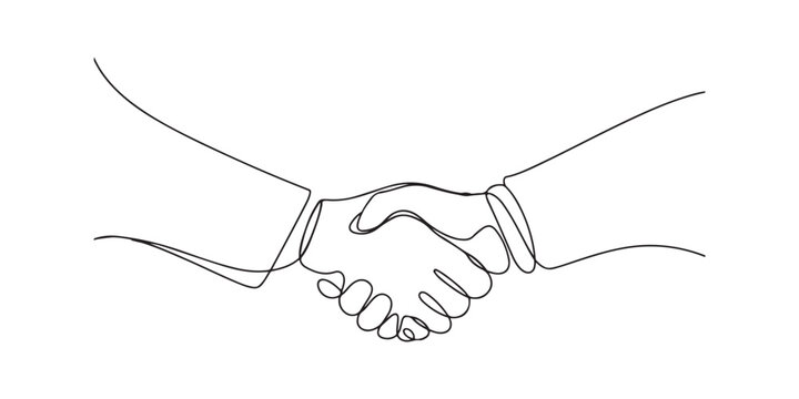 two businessmen shaking hands. Continuous one line drawing illustration vector, Two people agree and shake hands one contiguous line vector illustration, Continuous line drawing of handshake.