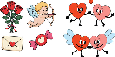Fototapeta premium Professional Cartoon Vector Set For Valentine Day Featuring Cupid Roses Love Letter And Heart Characters