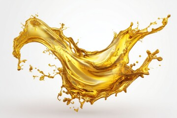 Fototapeta premium Golden liquid splashes and swirls dramatically against a clean white background