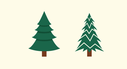 Obraz premium Two stylized evergreen trees in different shades of green stand against a pale yellow background for nature themes.